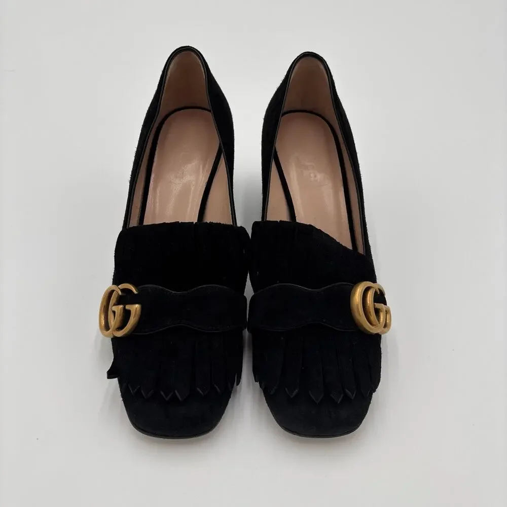 Gucci Marmont GG Fringe Kiltie Block Mid Heel Loafer Pumps Black Suede Size 37 - Picture 2 of 15